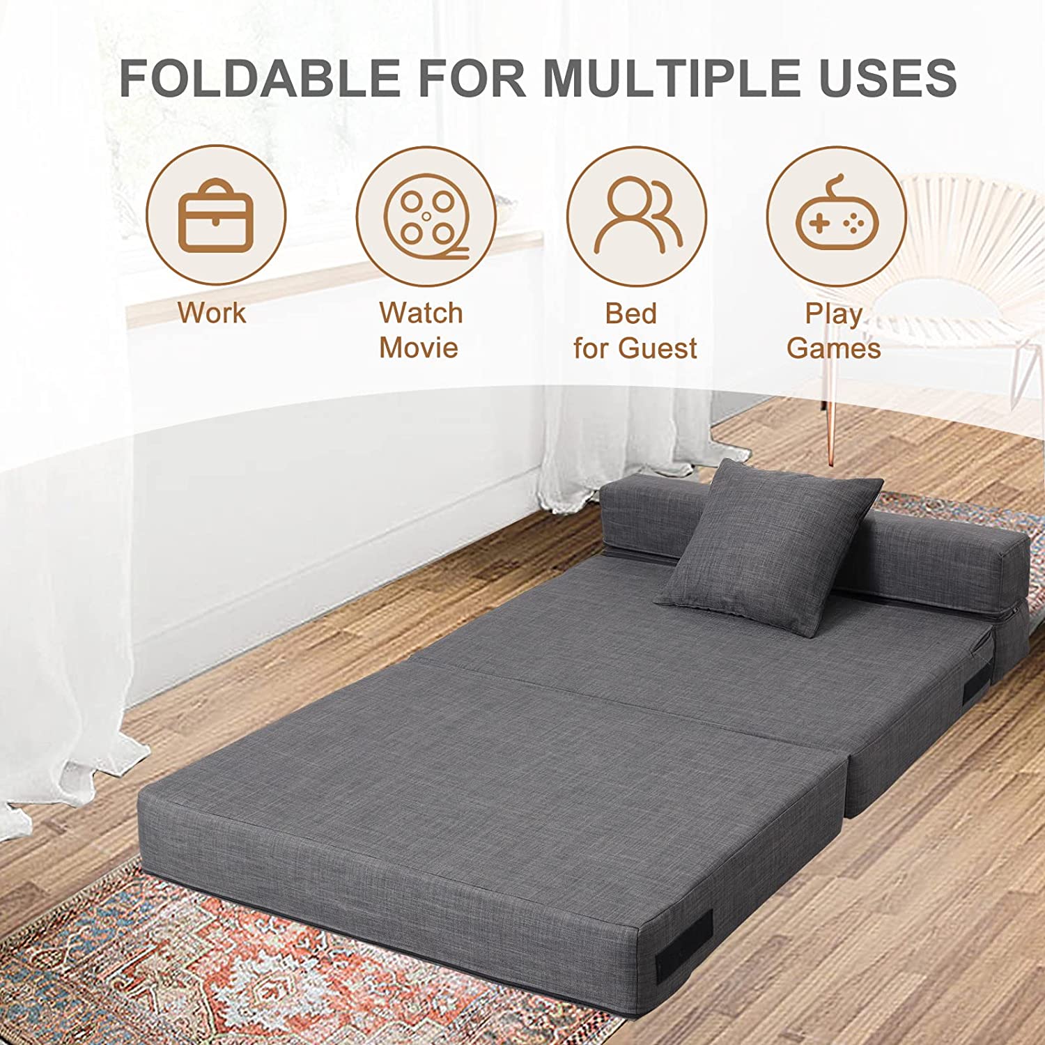 Nigoone - Sofá plegable tamaño Queen de espuma viscoelástica con 2 almohadas, sillón perezoso, triple futón, camas convertibles, funda lavable, gris oscuro