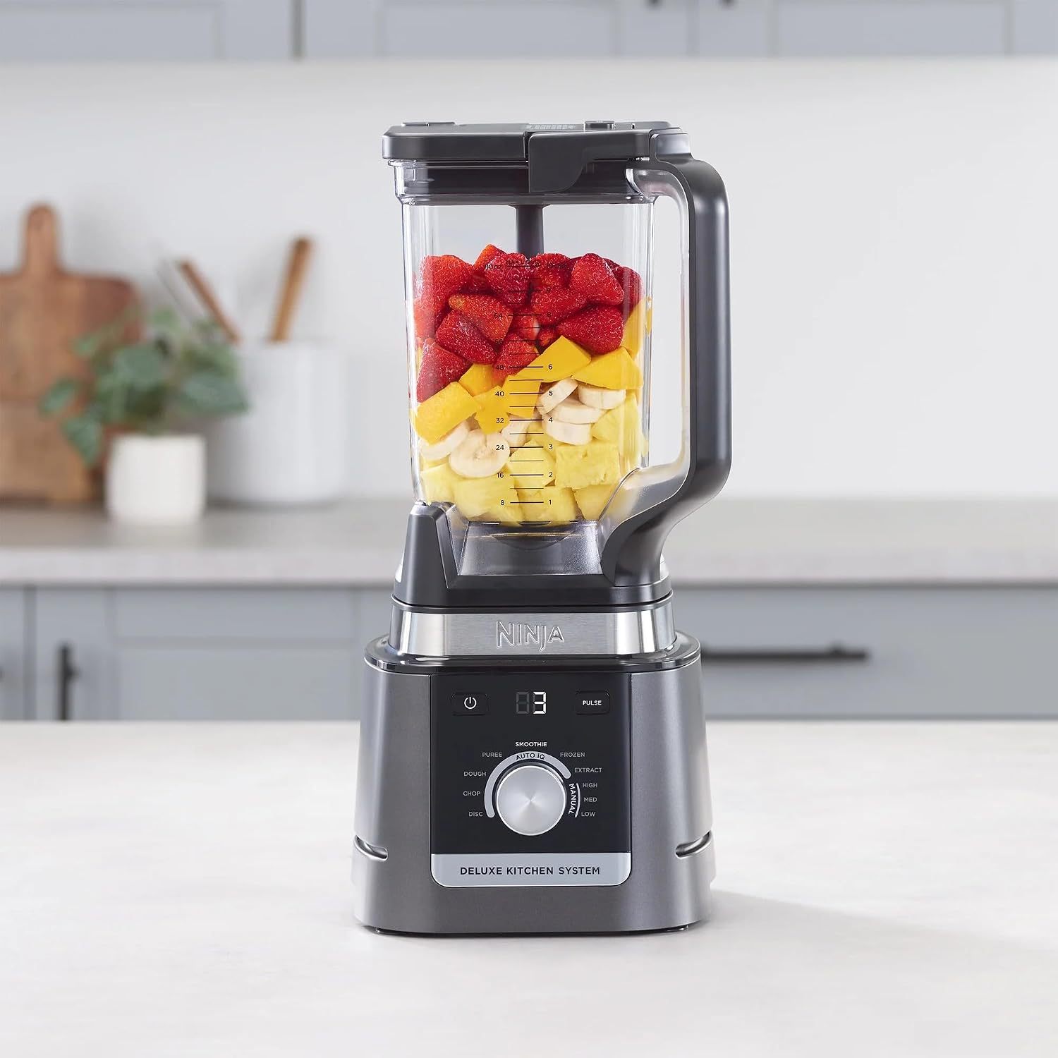 Ninja CO905KS Deluxe Kitchen System, 1600 WP Auto-IQ Base, 88-oz. Picther, 9-cup Deluxe Food Processor, (2) 24-oz. Single-Serve Cups (Renewed)