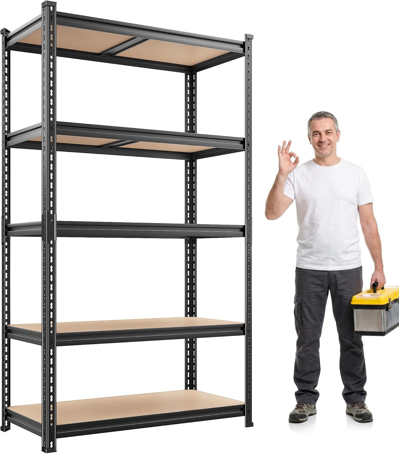 Estantería para garaje REIBII de 2400 libras, 36" de ancho x 16" de profundidad x 72" de alto, para sótano | Estantería ajustable de 5 niveles, estantes de MDF de alta densidad, estantes de almacenamiento resistentes, fácil montaje, para despensa, taller