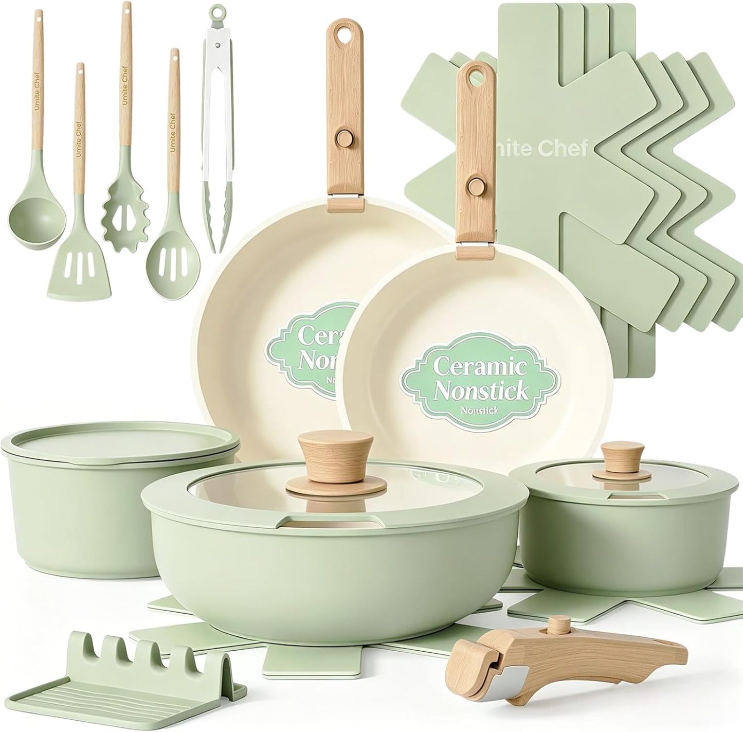 Juego de ollas y sartenes antiadherentes Umite Chef, juego de 21 piezas de cerámica para cocina con mango desmontable, utensilios de cocina antiadherentes y saludables para inducción, aptos para lavavajillas y caravanas, aptos para horno, apilables, color
