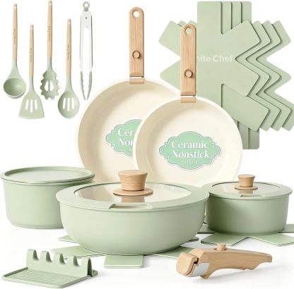 Juego de ollas y sartenes antiadherentes Umite Chef, juego de 21 piezas de cerámica para cocina con mango desmontable, utensilios de cocina antiadherentes y saludables para inducción, aptos para lavavajillas y caravanas, aptos para horno, apilables, color