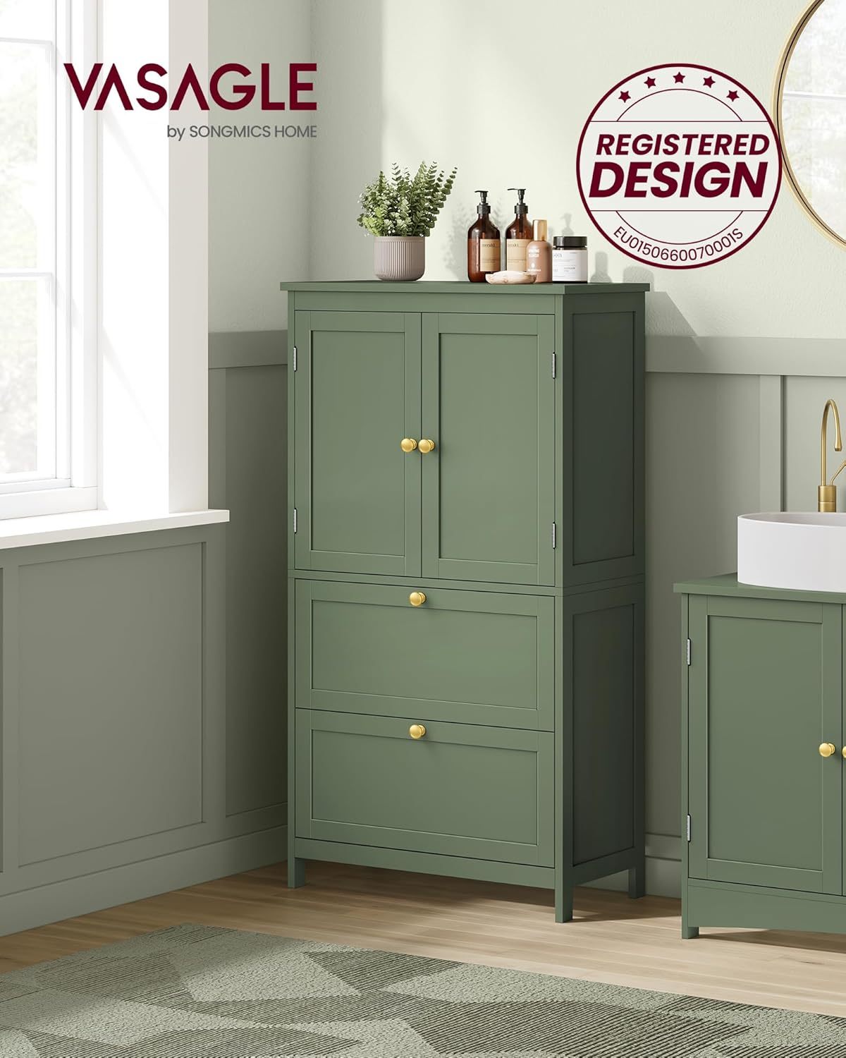 VASAGLE Mueble de Baño, Armario de Baño, Armario de Cocina, con 2 Puertas y 2 Cajones, Estantes Ajustables, 30 x 60 x 110 cm, Gris Paloma MBBC551G02