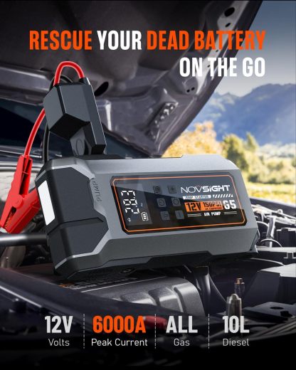NOVSIGHT - Arrancador de arranque con compresor de aire, caja portátil de 6000 A, 13 en 1 para batería de coche, paquete de alimentación de arranque de 12 V (todo gas / 10 L) inflador de neumáticos de