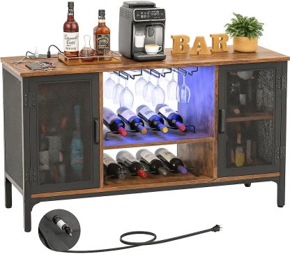 Homieasy Gabinete de Bar de Vino con Tomas de Corriente y Luces LED, Gabinete Industrial para Licor con Estantes de Vino Ajustables, Gabinetes de Estación de Café con Almacenamiento para Cocina/Hogar