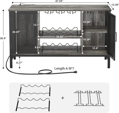 Homieasy Gabinete de Bar de Vino con Tomas de Corriente y Luces LED, Gabinete Industrial para Licor con Estantes de Vino Ajustables, Gabinetes de Estación de Café con Almacenamiento para Cocina/Hogar