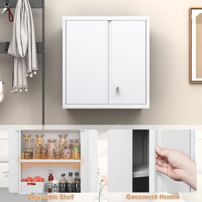 GREATMEET - clóset de almacenamiento de pared de metal con cerradura,armarios de almacenamiento de metal blanco con 1 estante ajustable y 2 puertas,gabinete de acero,desmontar H27.95 White