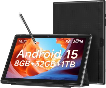 Tableta Android 15 WUIUHOU de 10,1 pulgadas, 8 GB de RAM, 32 GB de almacenamiento, pantalla HD IPS, WiFi 5G, batería de 6600 mAh, cámara dual para videollamadas, incluye funda y lápiz óptico para trabajar o estudiar (rosa).