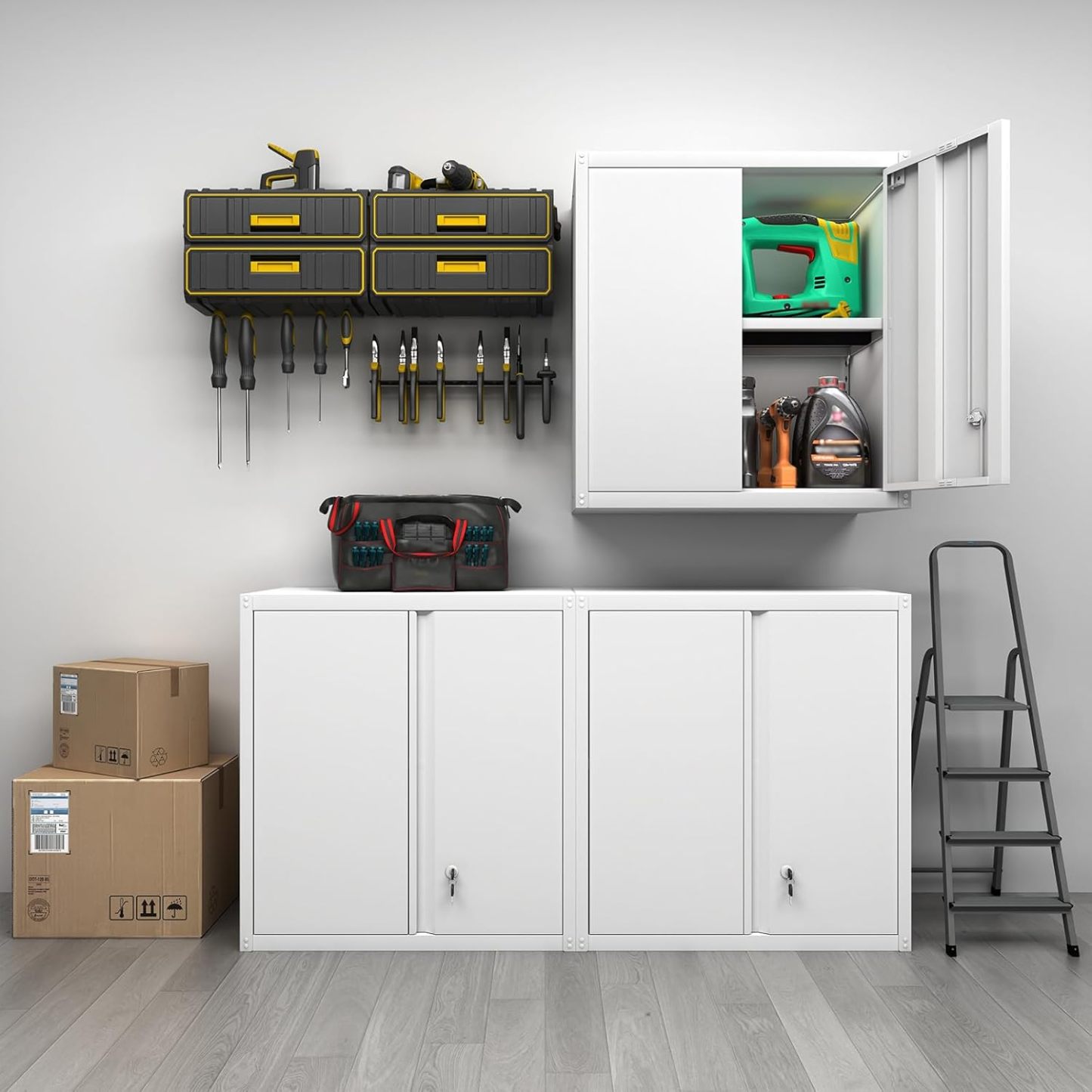 GREATMEET - clóset de almacenamiento de pared de metal con cerradura,armarios de almacenamiento de metal blanco con 1 estante ajustable y 2 puertas,gabinete de acero,desmontar H27.95 White
