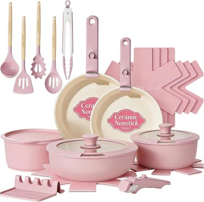 Juego de ollas y sartenes antiadherentes Umite Chef, juego de 21 piezas de cerámica para cocina con mango desmontable, utensilios de cocina antiadherentes y saludables para inducción, aptos para lavavajillas y caravanas, aptos para horno, apilables, color