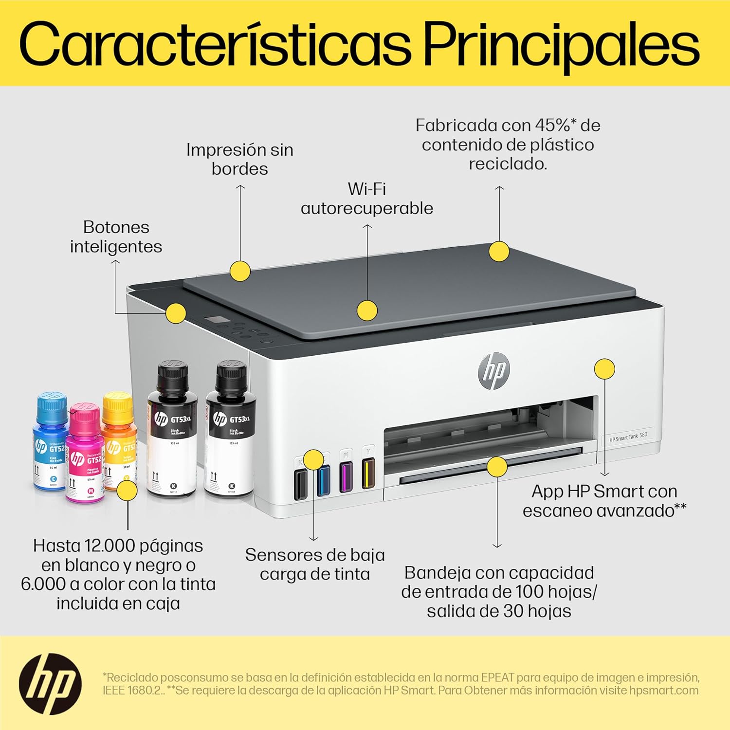 HP Impresora Multifuncional Smart Tank 580, Tinta Continua, Color, Wi-Fi, Dúplex (Doble Cara) Manual, Impresión Desde Smart App, 2 años de Garantía (1F3Y2A)