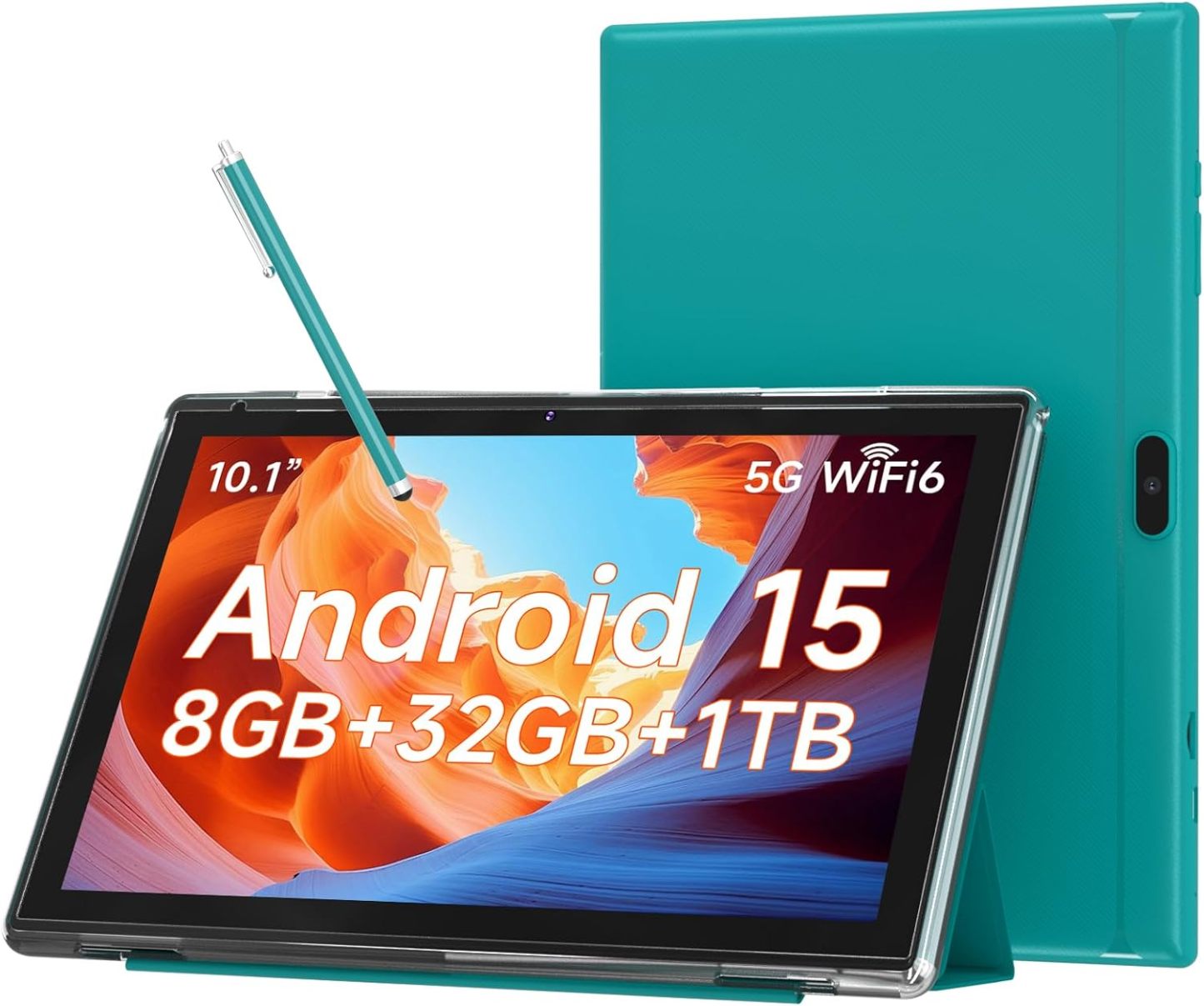 Tableta Android 15 WUIUHOU de 10,1 pulgadas, 8 GB de RAM, 32 GB de almacenamiento, pantalla HD IPS, WiFi 5G, batería de 6600 mAh, cámara dual para videollamadas, incluye funda y lápiz óptico para trabajar o estudiar (rosa).
