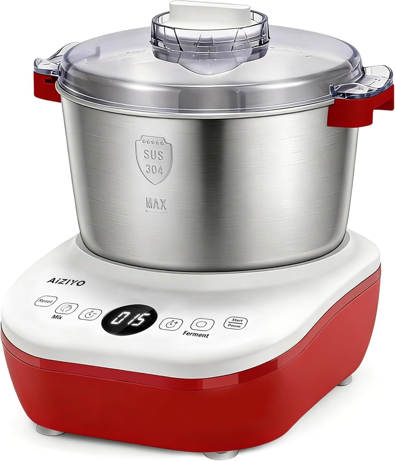 AIZIYO 804-5L Red: Amasadora de masa eléctrica con función de fermento, 5.2 QT, acero inoxidable 304, control táctil, 250 W, 110 V
