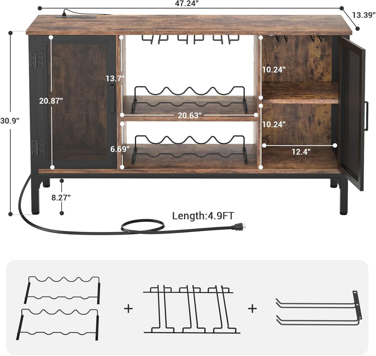 Homieasy Gabinete de Bar de Vino con Tomas de Corriente y Luces LED, Gabinete Industrial para Licor con Estantes de Vino Ajustables, Gabinetes de Estación de Café con Almacenamiento para Cocina/Hogar