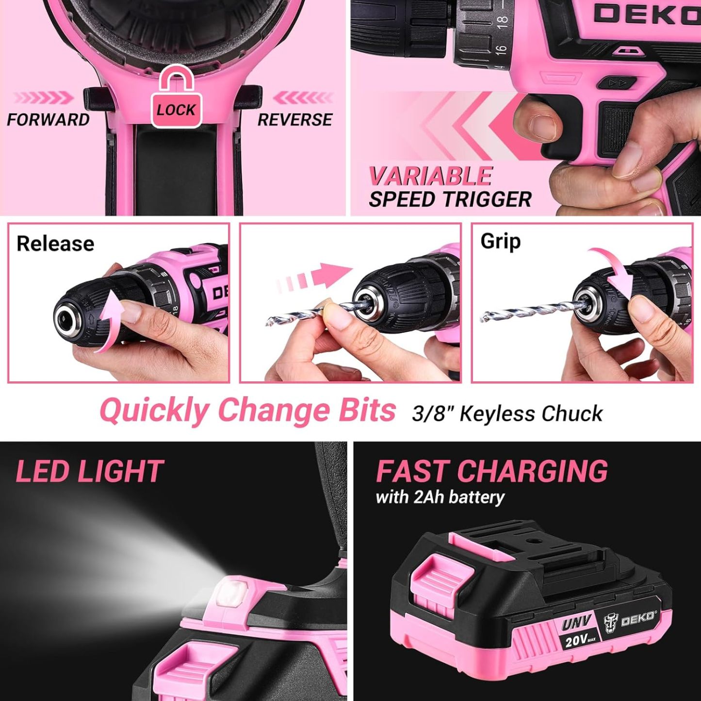 Juego de herramientas de taladro rosa: caja de herramientas de taladro eléctrico inalámbrico de 20 V con batería, taladro eléctrico para hombres, reparación de mano, caja de herramientas básicas