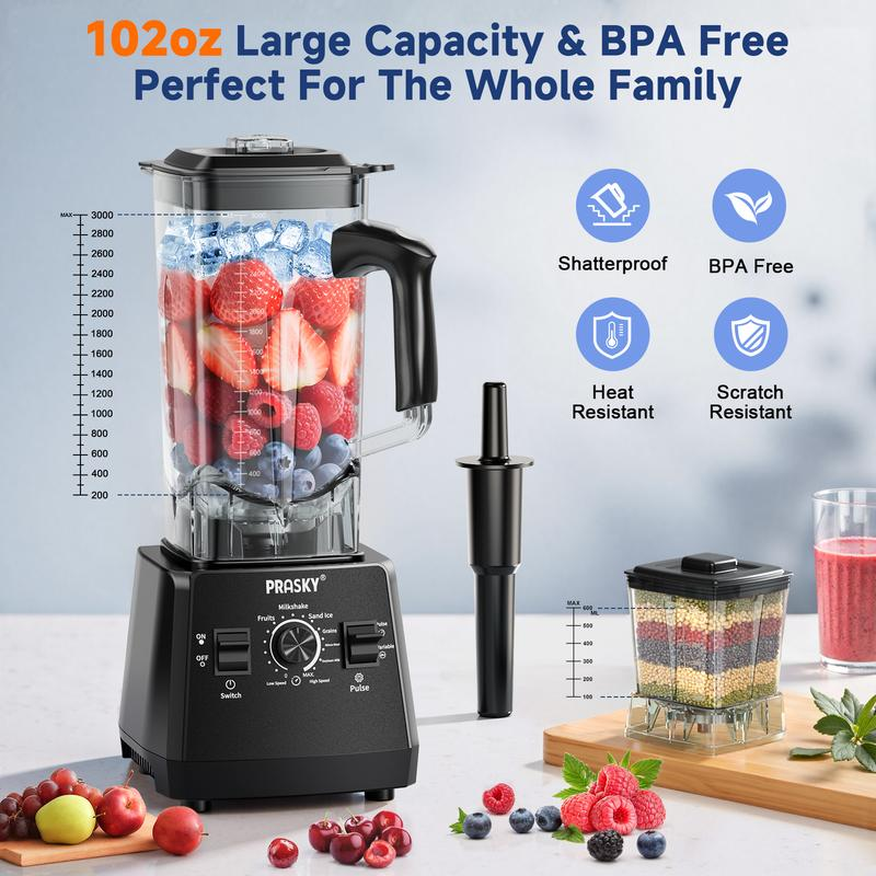 Prasky 2 en 1: Licuadora y Molinillo de 102 oz para uso doméstico. Potente licuadora de cocina de gran capacidad (68 oz), libre de BPA, con 2 recipientes de sobremesa. Tritura hielo, prepara salsas y batidos, y muele café y especias. Ideal para bebidas co