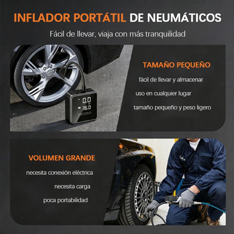 Inflador eléctrico portátil 5 en 1 con pantalla digital y función de apagado automático. Adecuado para coche, moto, bici y balón. Cuenta con batería recargable y modo power bank. Diseño ligero, inalámbrico y fácil de guardar, ideal para viajes y emergenci