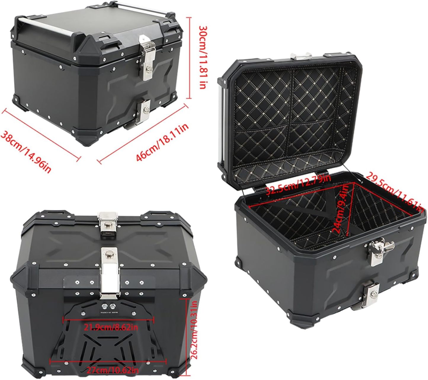 Labwork - Caja trasera para motocicleta de 45 l, con placa de montaje, aleación de aluminio dura, cierre de seguridad contra robo, metal plateado, caja trasera para maletero