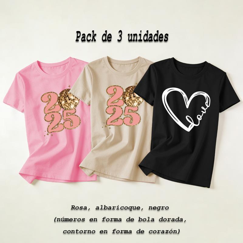 Camiseta de manga corta con cuello redondo elástico para mujer, ideal para llevar en casa o salir, muy versátil y práctica (pack de 3)
