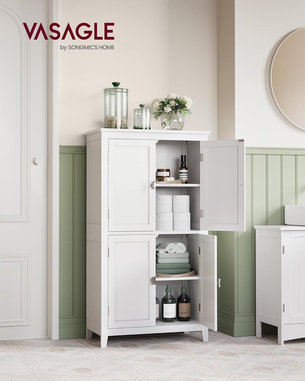 VASAGLE Mueble de Baño, Armario de Baño, Armario de Cocina, con 2 Puertas y 2 Cajones, Estantes Ajustables, 30 x 60 x 110 cm, Gris Paloma MBBC551G02
