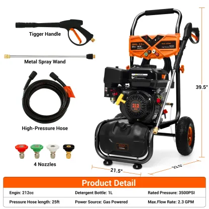 Hidrolavadora a gasolina Efurden de 3500 PSI y 2.3 GPM — Hidrolavadora de alta potencia y uso rudo, con motor de 209 cc y 7 HP, manguera de presión de 25 pies, bomba axial de aluminio, tanque para jabón y 4 boquillas de conexión rápida.