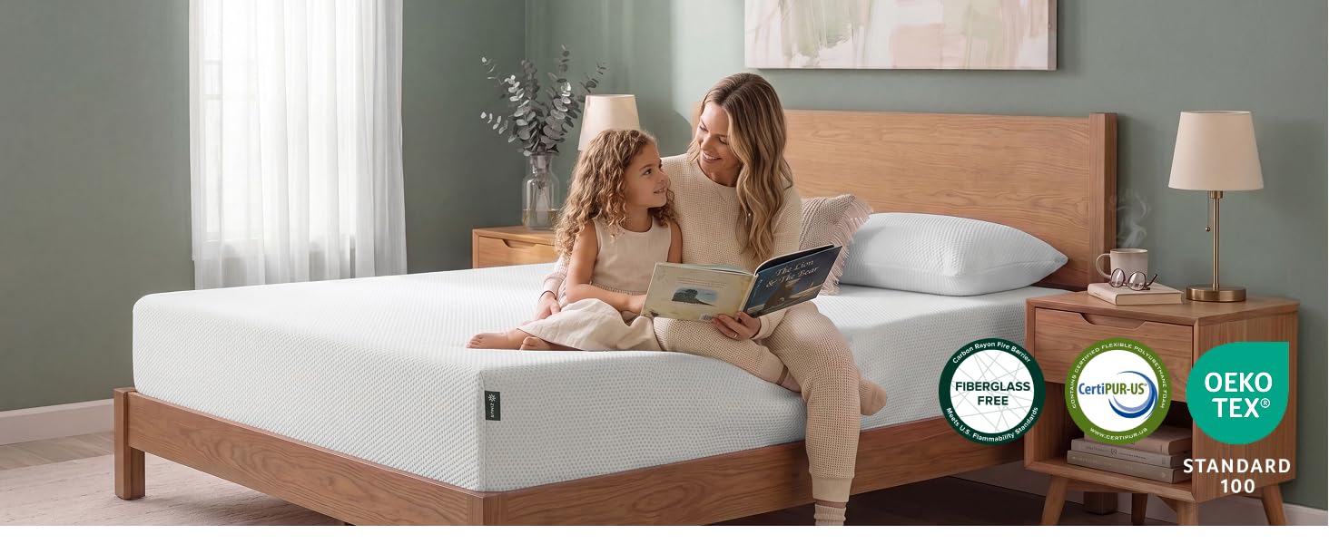 Mother and child reading on refreshing natural green tea infused Zinus Memory Foam Mattress