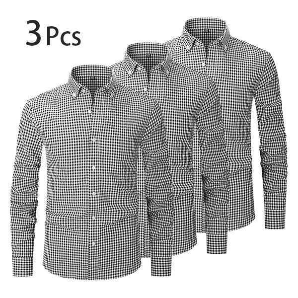 【3PCS】Men's plaid shirt; casual daily breathable long-sleeved stretch button-down collar men's coat. camisas mangalarga para hombres Menswear Top