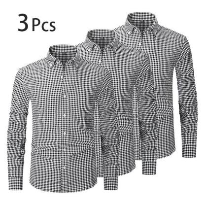 【3PCS】Men's plaid shirt; casual daily breathable long-sleeved stretch button-down collar men's coat. camisas mangalarga para hombres Menswear Top