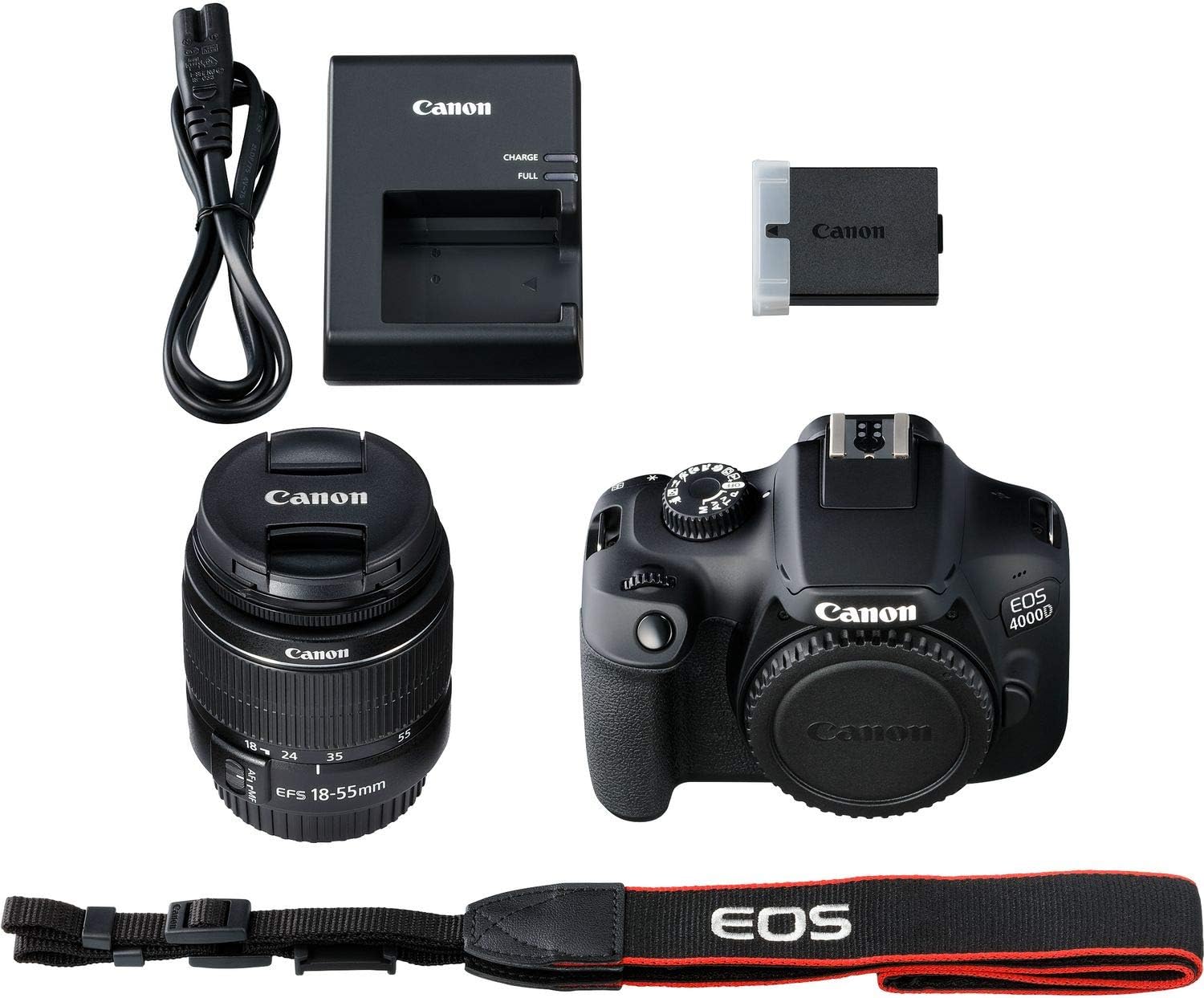 Cámara Canon EOS 4000D con Lente EF-S 18-55mm f/3.5-5.6 III y Accesorios Profesionales: Batería de Repuesto LPE10, Flash Esclavo, Bolsa Grande para Dispositivos en Negro