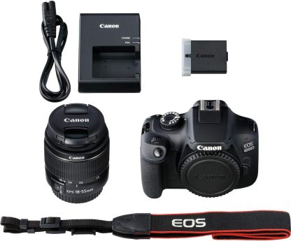 Cámara Canon EOS 4000D con Lente EF-S 18-55mm f/3.5-5.6 III y Accesorios Profesionales: Batería de Repuesto LPE10, Flash Esclavo, Bolsa Grande para Dispositivos en Negro