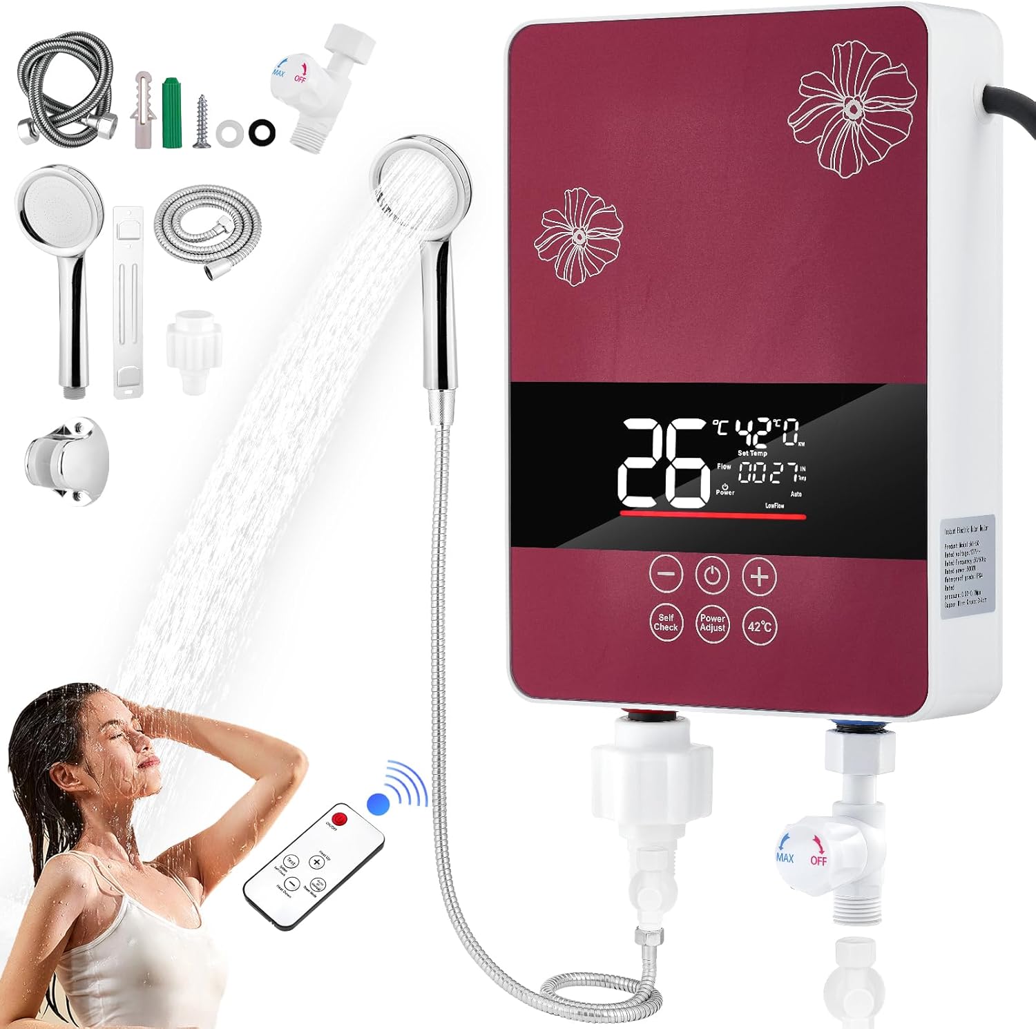 Calentador de Agua Electrico, Calentador de Agua instantaneo con Cabezal de Ducha, Pantalla Táctil de Ajuste Temp, Control Remoto, 5KW Calentador Electrico para Hogar Agua, Ahorra Hasta 80% de Gas