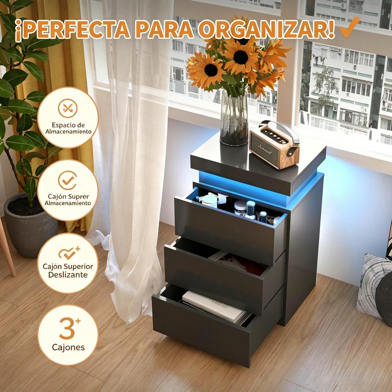 Mesita de Noche Inteligente con Luz LED Ajustable, 3 Cajones, Tapa Deslizante, Puertos USB y Tomas de Corriente, 45x35x68cm, Estación de Carga para Recámara, Negro