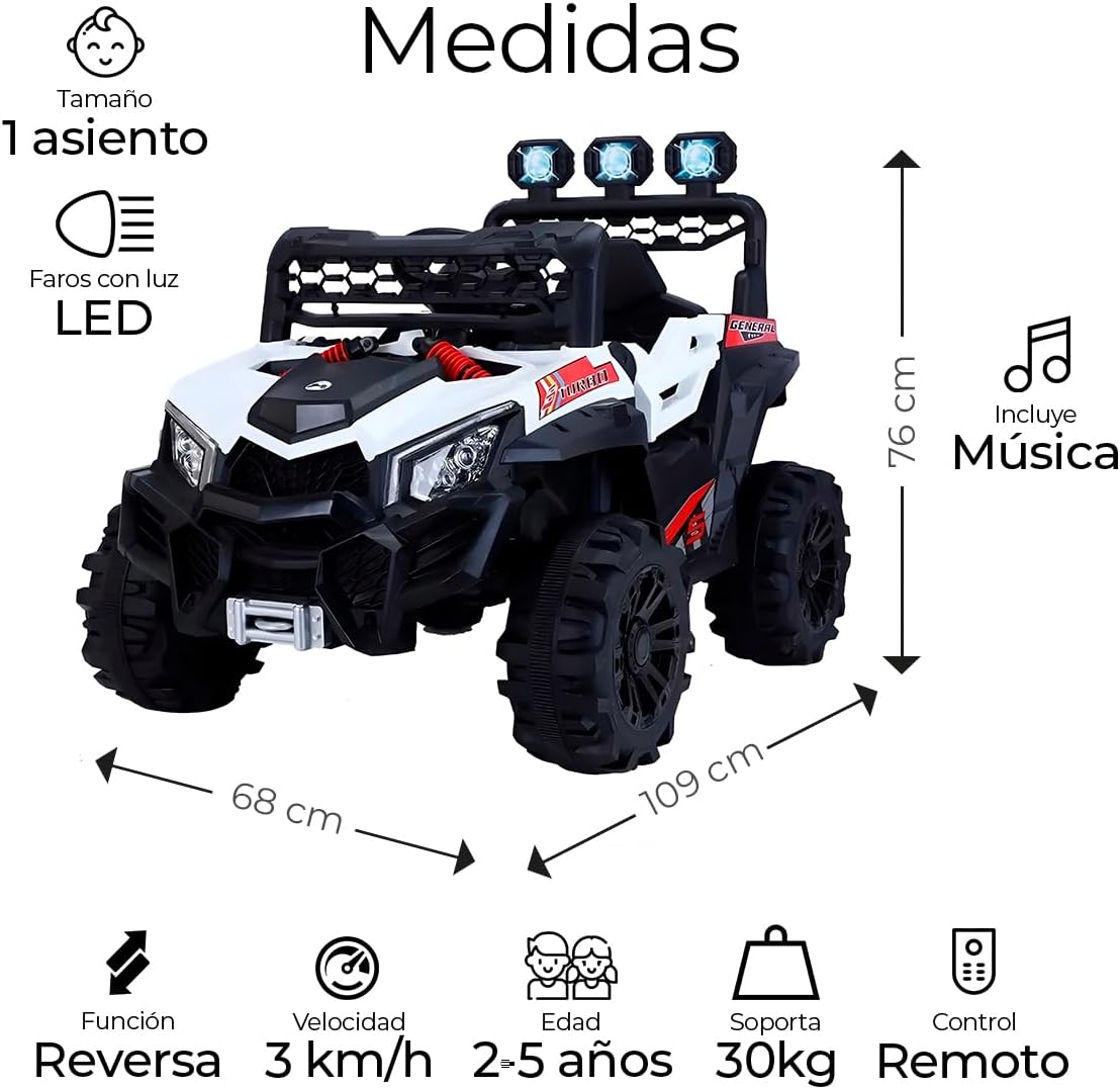 Raganet, Buggy Electrico Montable para Niños Color Rojo, Carrito de Control Remoto y Manejo Directo, con Luces, Estereo y Pedales Funcionales, Medidas: Alto 76cm X Ancho 68cm X Largo 109cm