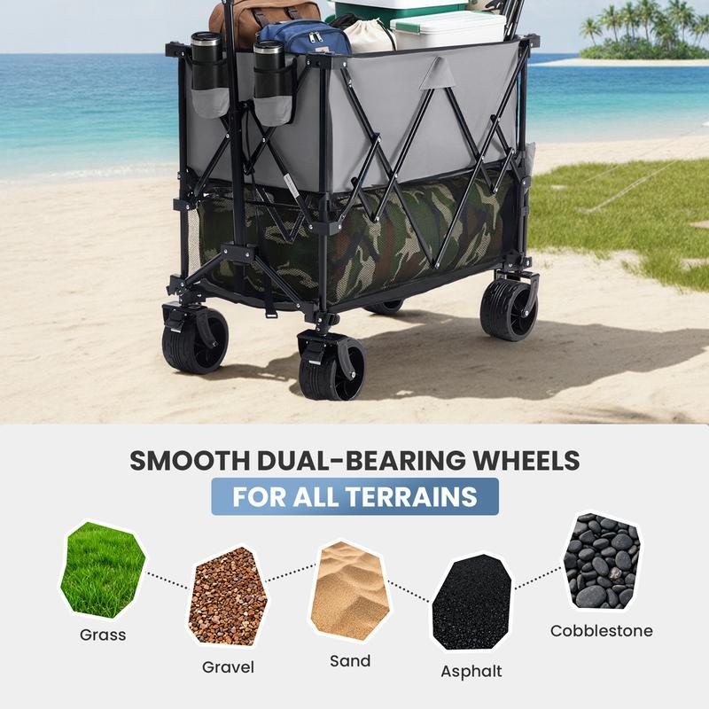 Sweetcrispy 320L Outdoor Folding Double-Decker Wagon with Brakes, 440 lbs Capacity, Flexible Handle, All-Terrain Big Wheels, Compact Pack & Foldable Size for Grocery, Camping