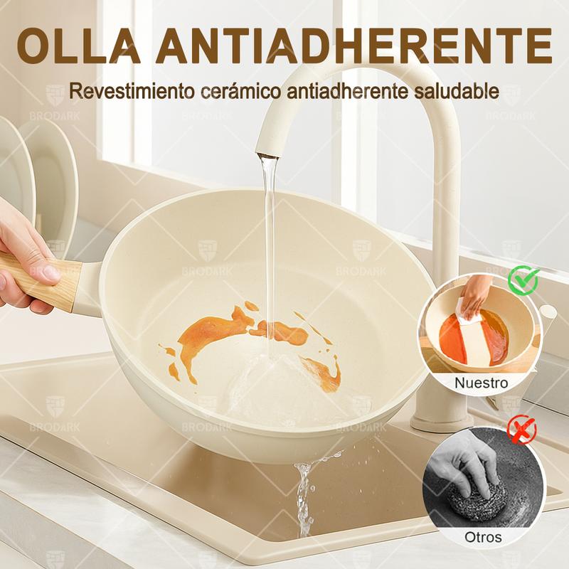 BRODARK Juego de 15 piezas de ollas y sartenes, con sartenes antiadherentes de cerámica en blanco y negro, compatible con placas de inducción, con manijas con impresión de madera, tapas de vidrio, incluye una cazuela de caldo y un sartén, y apto para horn