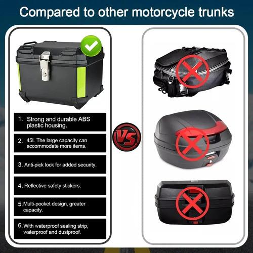 Caja Trasera Para Moto ABS 46L Alta Calidad Negro Maletero Top Case Porta Cascos Impermeable y Antirrobo con Soporte Universal y Tiras Reflectantes