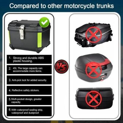 Caja Trasera Para Moto ABS 46L Alta Calidad Negro Maletero Top Case Porta Cascos Impermeable y Antirrobo con Soporte Universal y Tiras Reflectantes