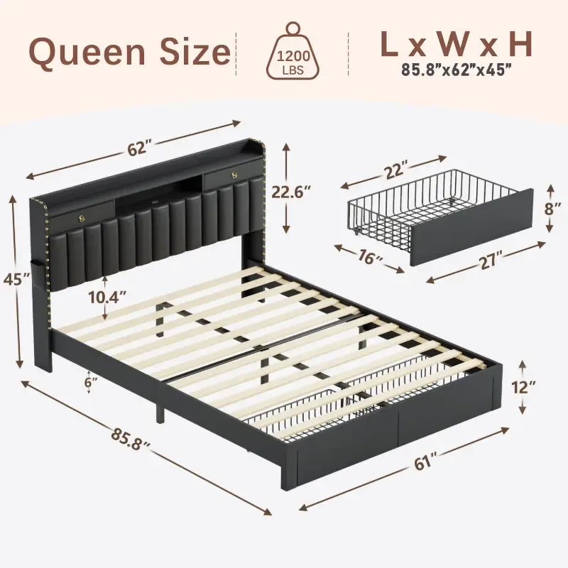 Estructura de cama TryLazy Furniture con 4 cajones y 2 puertos de carga USB y 1 puerto de carga tipo C, sin colchón, estructura de cama tapizada con cabecero con almacenamiento, no requiere somier, fácil montaje, tamaño matrimonial/queen/king.