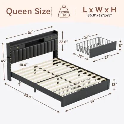 Estructura de cama TryLazy Furniture con 4 cajones y 2 puertos de carga USB y 1 puerto de carga tipo C, sin colchón, estructura de cama tapizada con cabecero con almacenamiento, no requiere somier, fácil montaje, tamaño matrimonial/queen/king.
