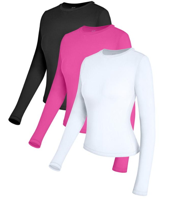 AUTOMET Women's 3-Piece Long Sleeve Basic Crop T-Shirts - Slim Fit, Soft Polyester Fabric, Round Neck, Simple Style, Fall Fashion, Going Out Tops, Y2K Underscrubs Layer, Haze Blue/White/Black Womenswear Blouses & Shirts,summervibes