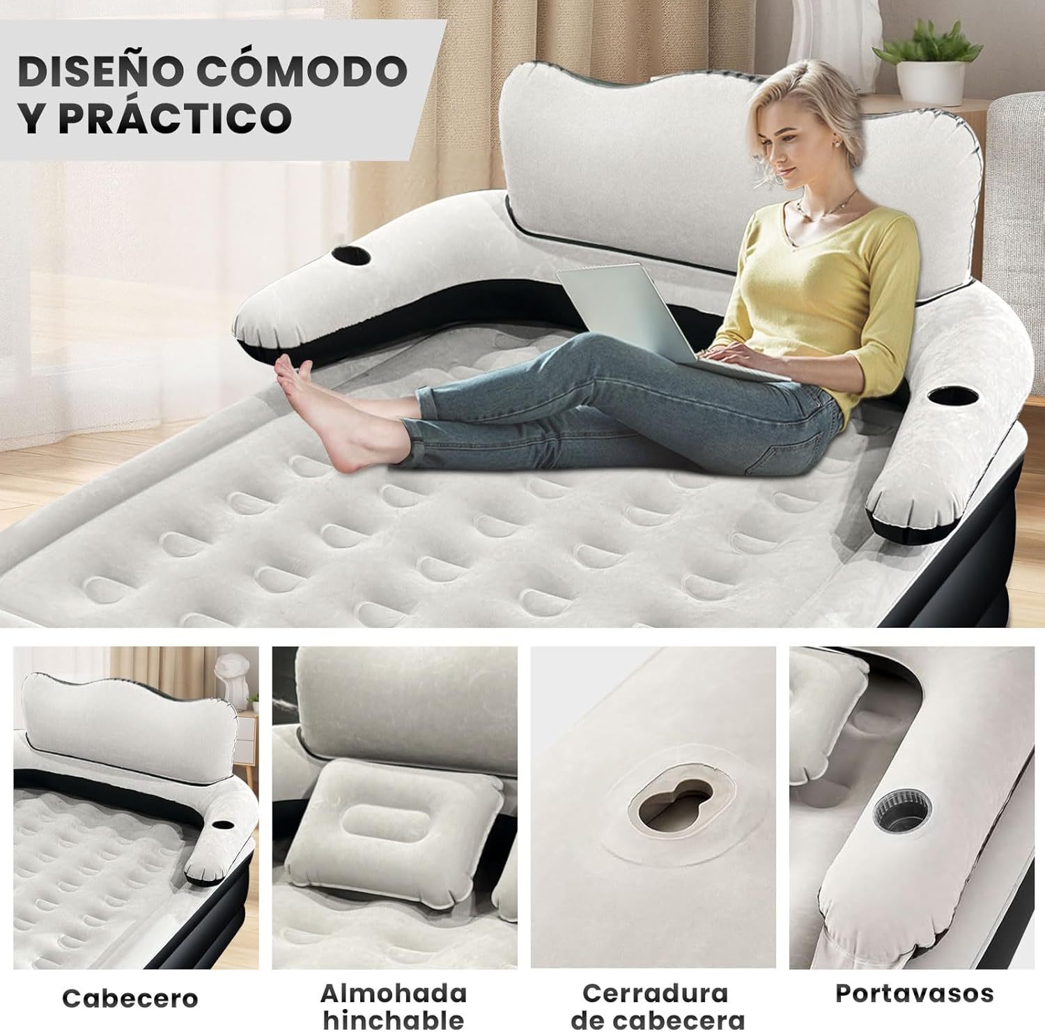HEEDU Colchón de Aire Inflable con Cabecero, Bomba de Aire Eléctrica Inalámbrica, 2 Almohada Inflable, Inflado Rápido Automático, Cama Inflable Queen para Hogar, Viajes y Camping