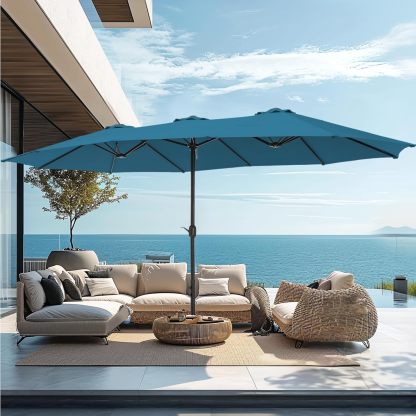 [Luz LED] Phivilla Home Sombrilla grande para patio exterior de 15 pies con base – Opción de luz LED, doble cara, manivela, impermeable