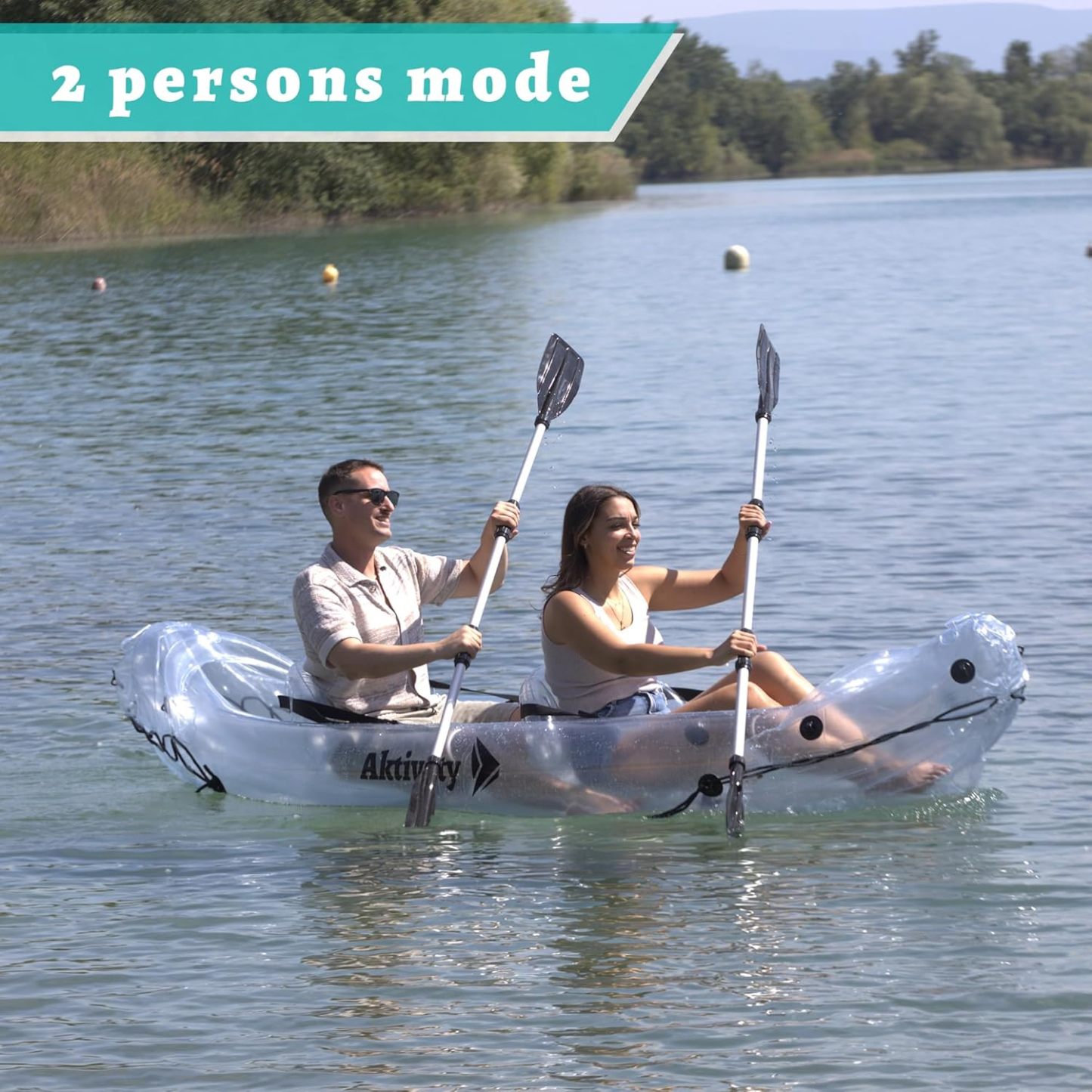 Clear Kayak - Tándem Inflable Transparente De 2 Plazas Para Dos Adultos - Estilo Translúcido - Set Completo Con Asientos Ajustables, Bomba, Remos, Bolsa De Transporte Y Aleta De Seguimiento
