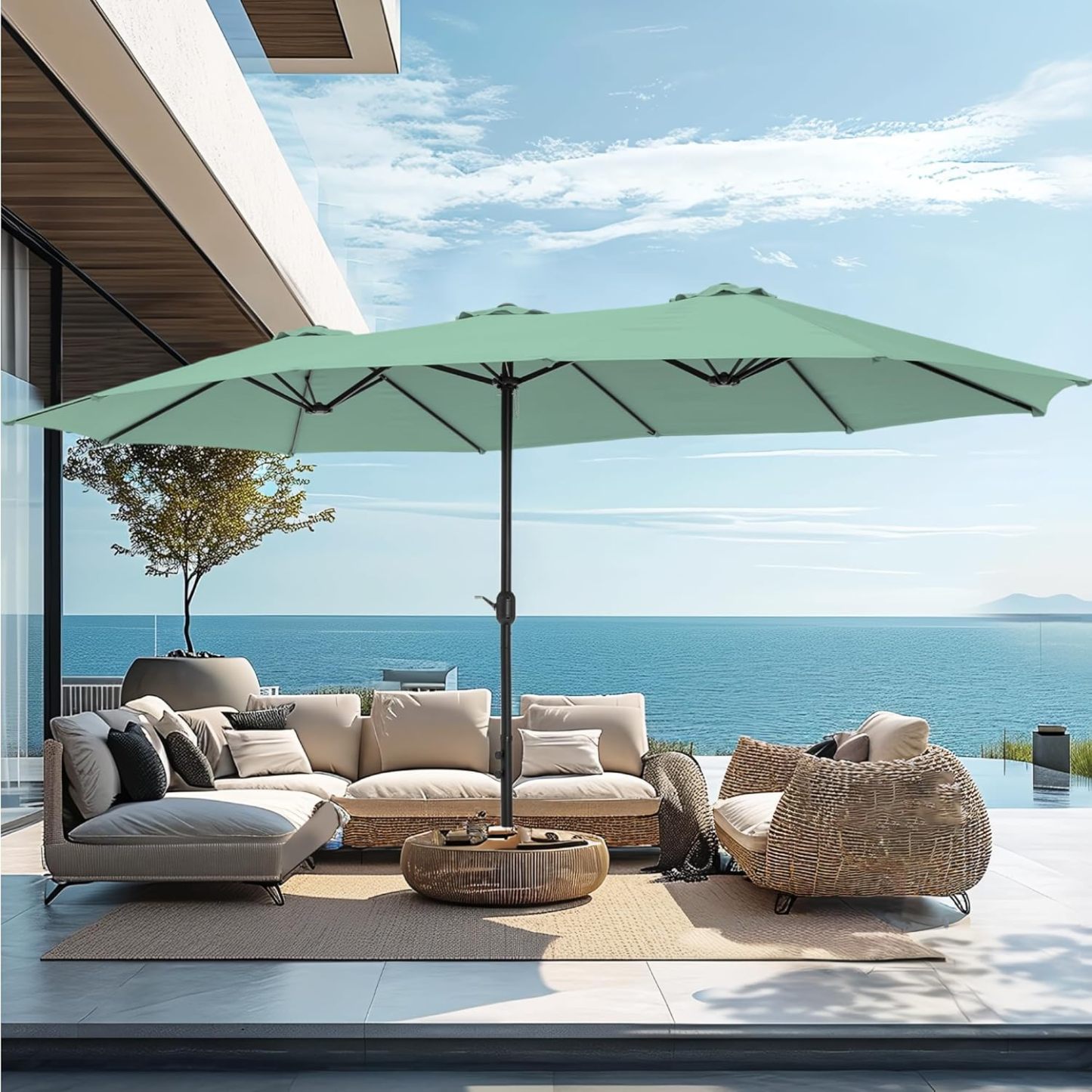 [Luz LED] Phivilla Home Sombrilla grande para patio exterior de 15 pies con base – Opción de luz LED, doble cara, manivela, impermeable