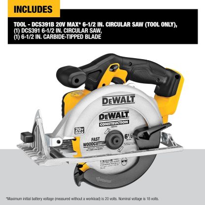 Sierra circular DEWALT 20V MAX, inalámbrica, estilo Sidewinder, portátil, hoja de 6-1/2 pulgadas, 5150 RPM, capacidad de biselado de 0 a 50 grados, batería no incluida (DCS391B)