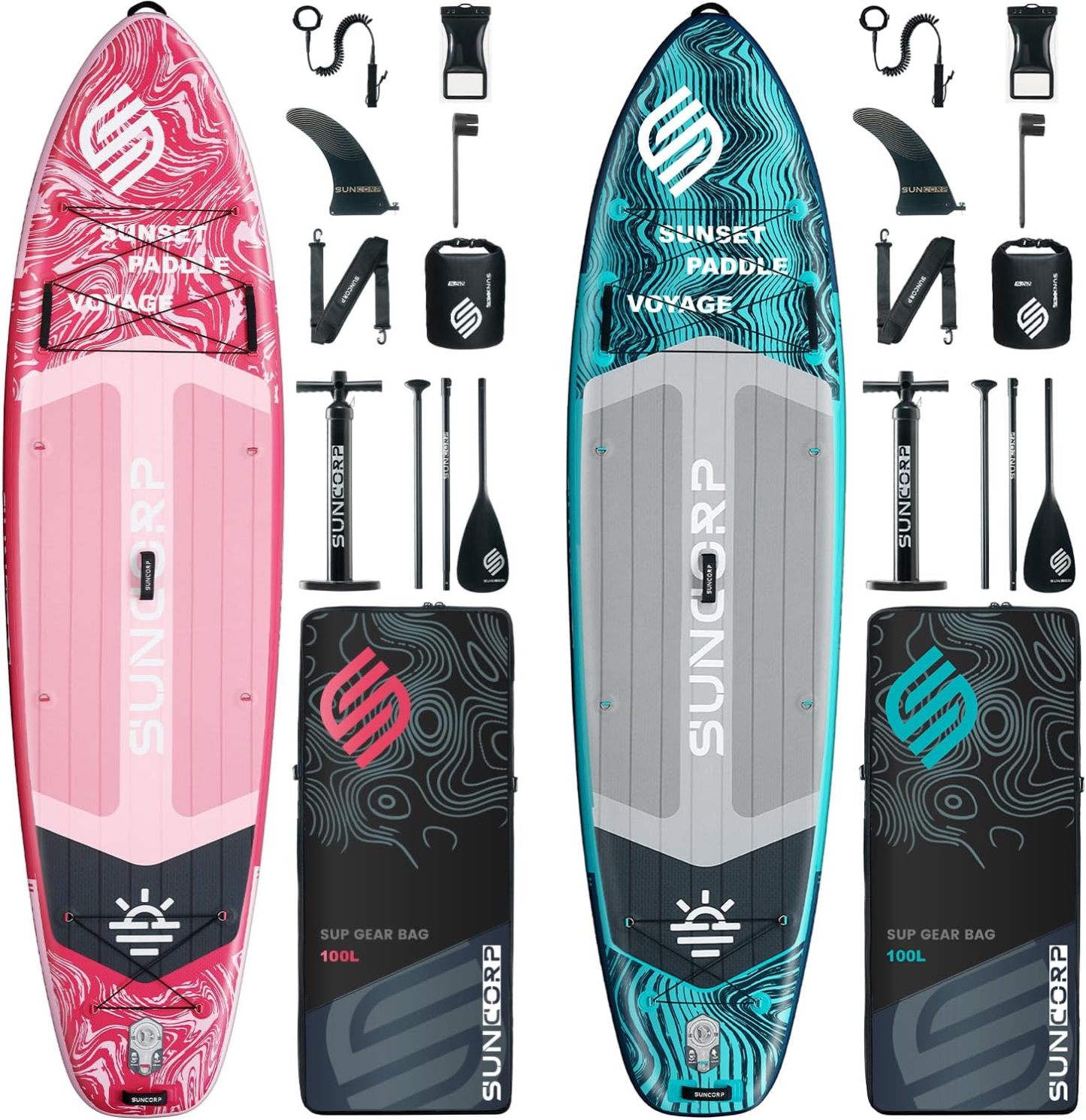 Tabla de paddle surf inflable Suncorp de 3,55 m x 89 cm, paquete de 2 (rosa y azul) – Tablas de paddle surf premium, capacidad de 204 kg, kit completo, mochila de 100 L y bomba de doble acción.