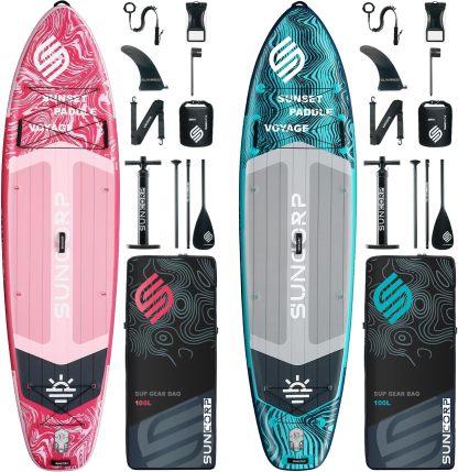 Tabla de paddle surf inflable Suncorp de 3,55 m x 89 cm, paquete de 2 (rosa y azul) – Tablas de paddle surf premium, capacidad de 204 kg, kit completo, mochila de 100 L y bomba de doble acción.