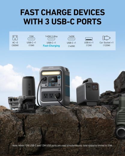 Anker - Estación de energía portátil SOLIX C300, batería LiFePO4 de 288 Wh, generador solar de 300 W (600 W), carga rápida bidireccional de 140 W, para acampar al aire última intervensión, viajes y