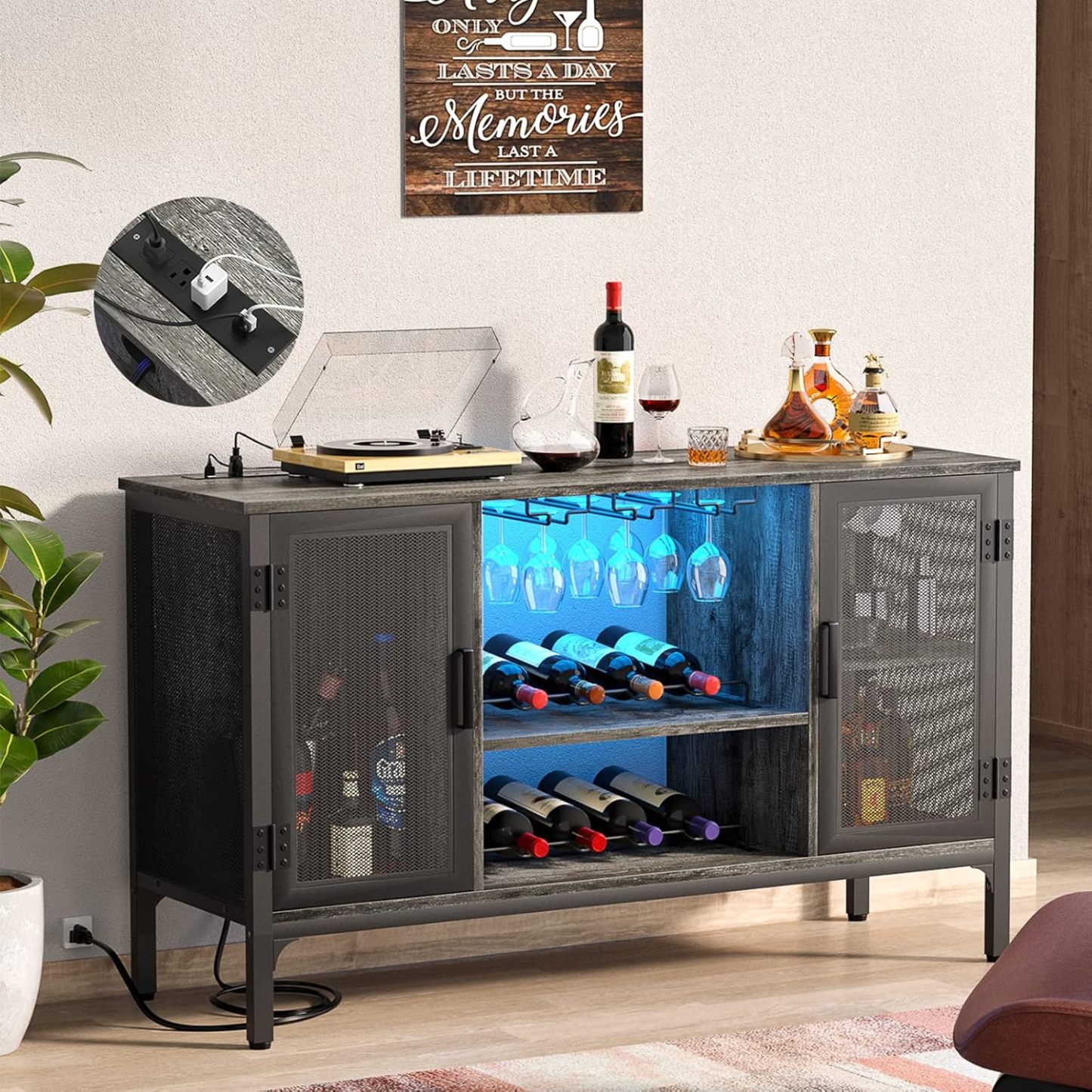 Homieasy Gabinete de Bar de Vino con Tomas de Corriente y Luces LED, Gabinete Industrial para Licor con Estantes de Vino Ajustables, Gabinetes de Estación de Café con Almacenamiento para Cocina/Hogar