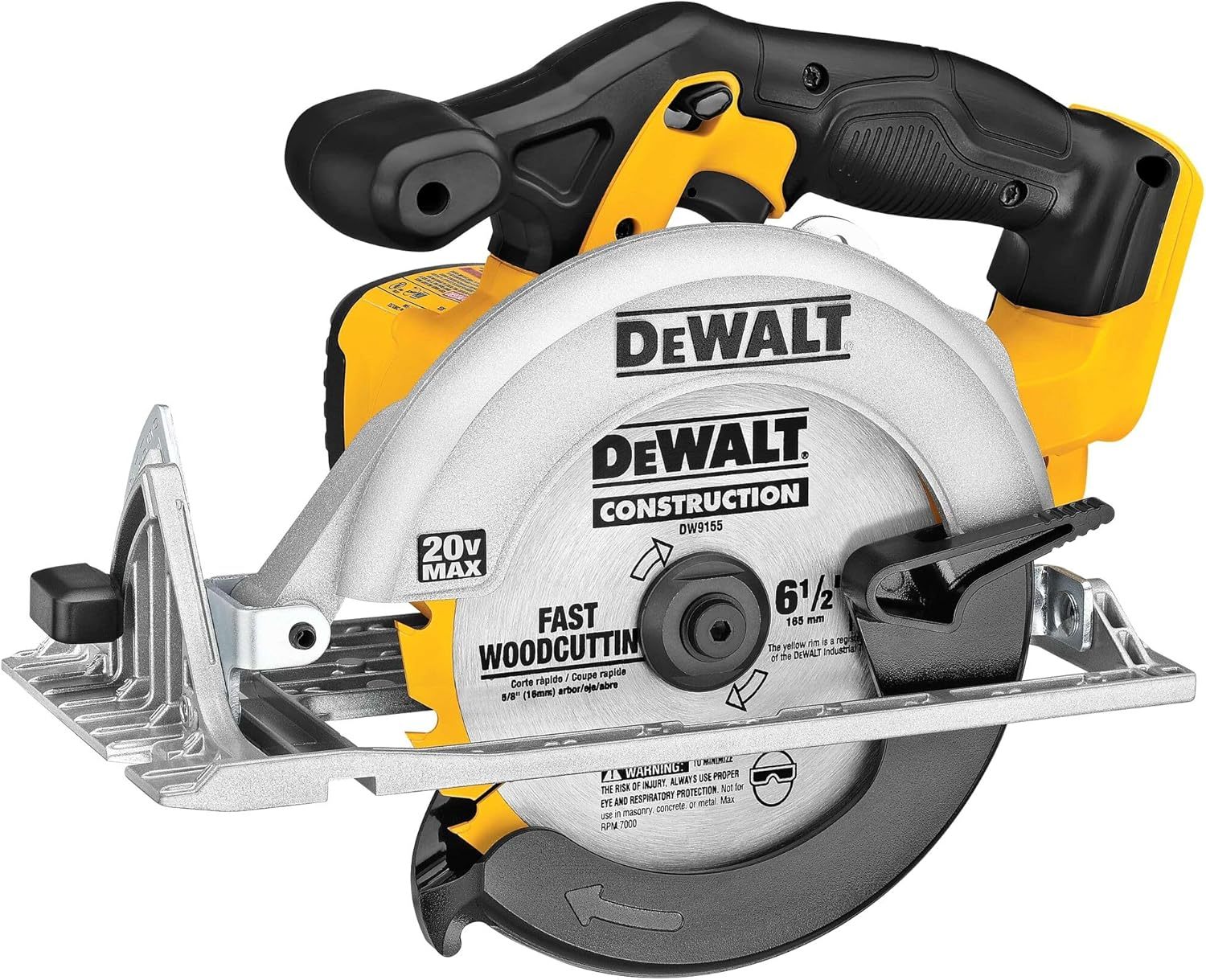 Sierra circular DEWALT 20V MAX, inalámbrica, estilo Sidewinder, portátil, hoja de 6-1/2 pulgadas, 5150 RPM, capacidad de biselado de 0 a 50 grados, batería no incluida (DCS391B)