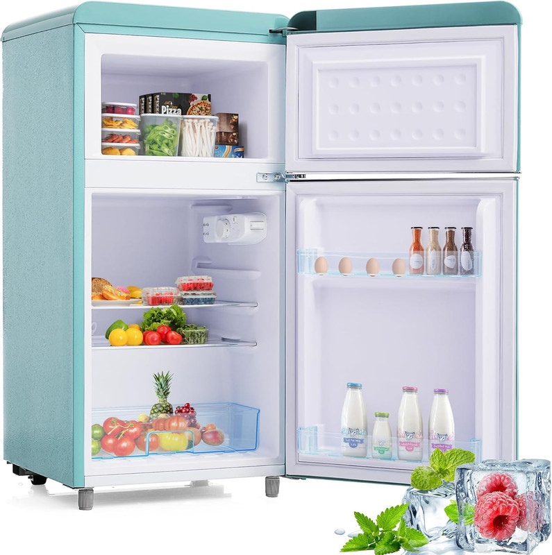 Refrigerador Retro Doble Puerta — 72L, Congelador 21L, Clase E, LED, 39 dB